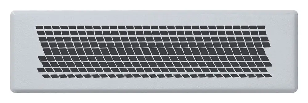 Graue Abdeckblende mit einem geschwungenen Muster in Schwarz, möglicherweise für ein Heizgerät von Vaillant, auf hellem Hintergrund.